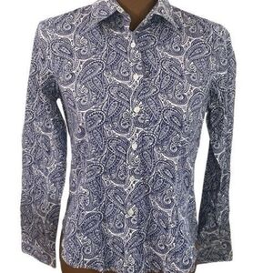 Talbots 2P Long Sleeve Cotton Blend Button Down Top Blue White Paisley